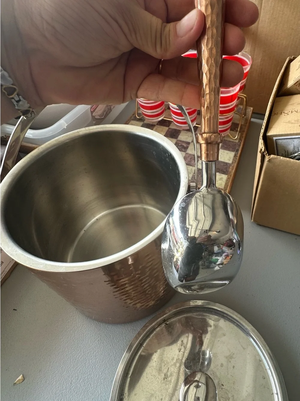 Hammered Stainless Steel Ice Bucket with Lid and Handle - Silver Finish